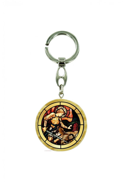 Portachiavi tondo in legno d'olivo con immagine serigrafata. Lunghezza 10 cm