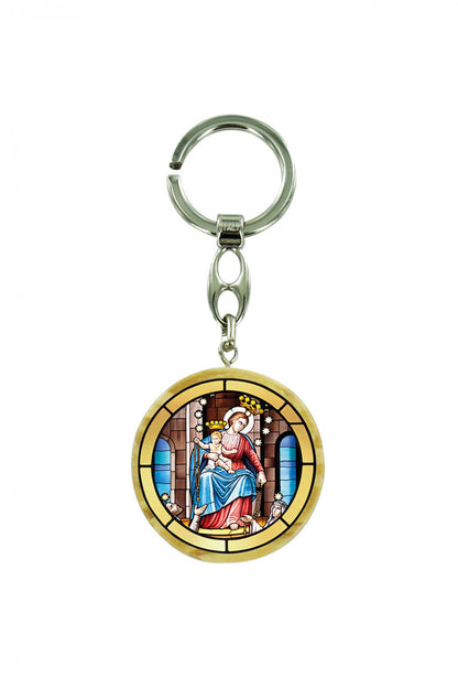 Portachiavi tondo in legno d'olivo con immagine serigrafata. Lunghezza 10 cm