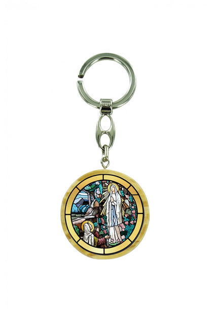 Portachiavi tondo in legno d'olivo con immagine serigrafata. Lunghezza 10 cm