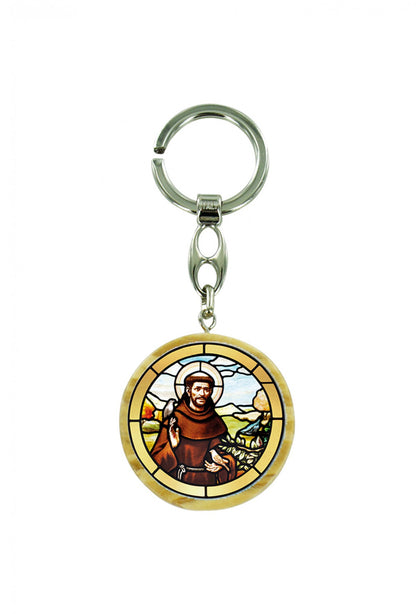 Portachiavi tondo in legno d'olivo con immagine serigrafata. Lunghezza 10 cm