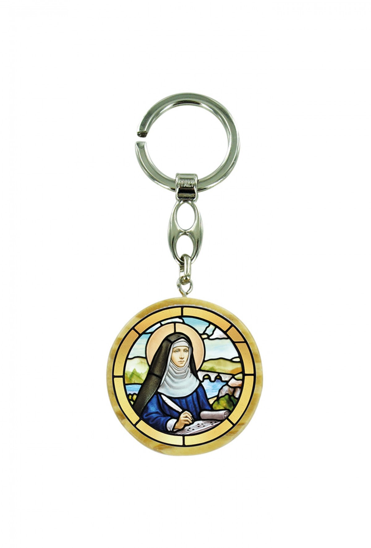 Portachiavi tondo in legno d'olivo con immagine serigrafata. Lunghezza 10 cm