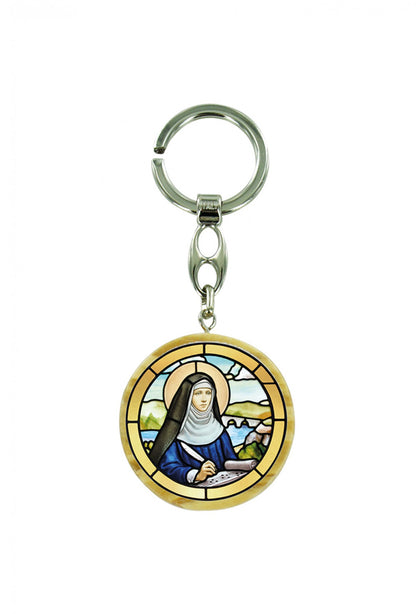 Portachiavi tondo in legno d'olivo con immagine serigrafata. Lunghezza 10 cm
