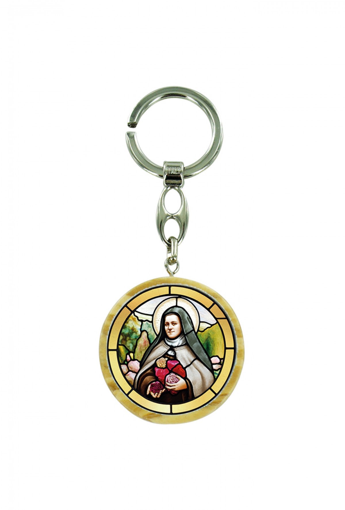Portachiavi tondo in legno d'olivo con immagine serigrafata. Lunghezza 10 cm