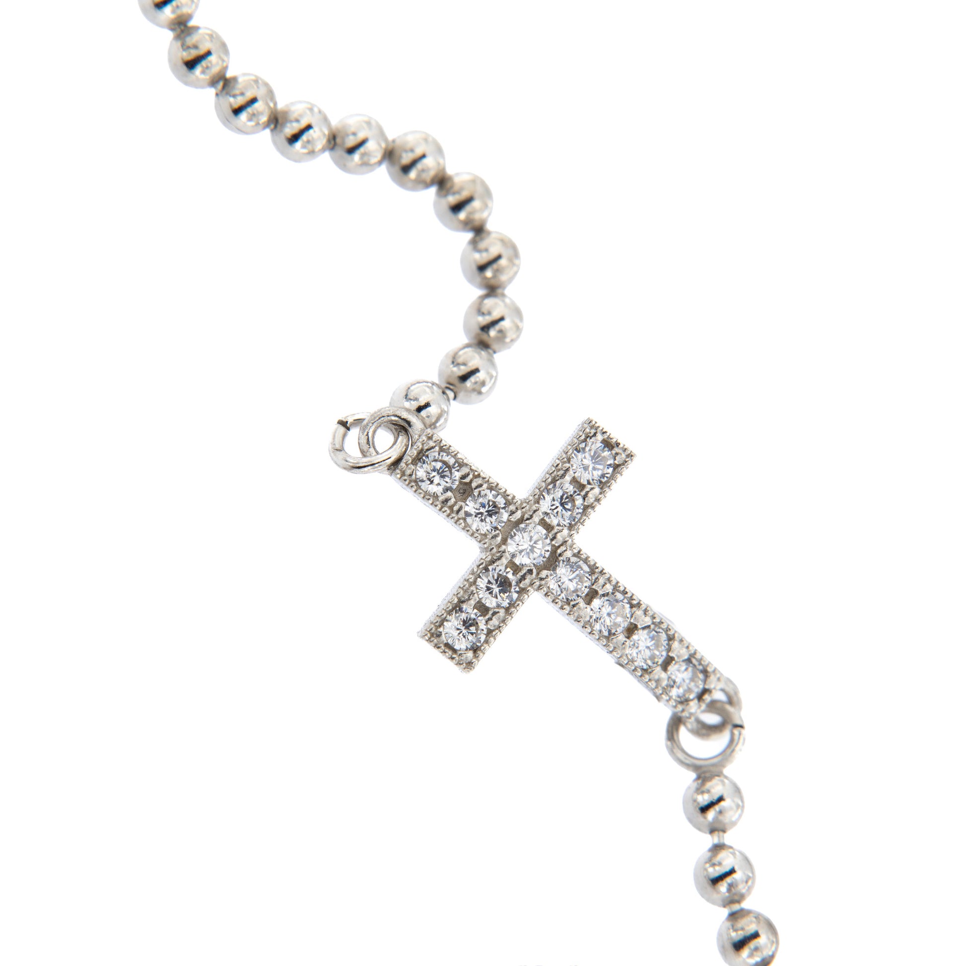 Bracciale mini sfere e Croce con zirconi in argento 925 rodiato. Lunghezza  17+3 cm.