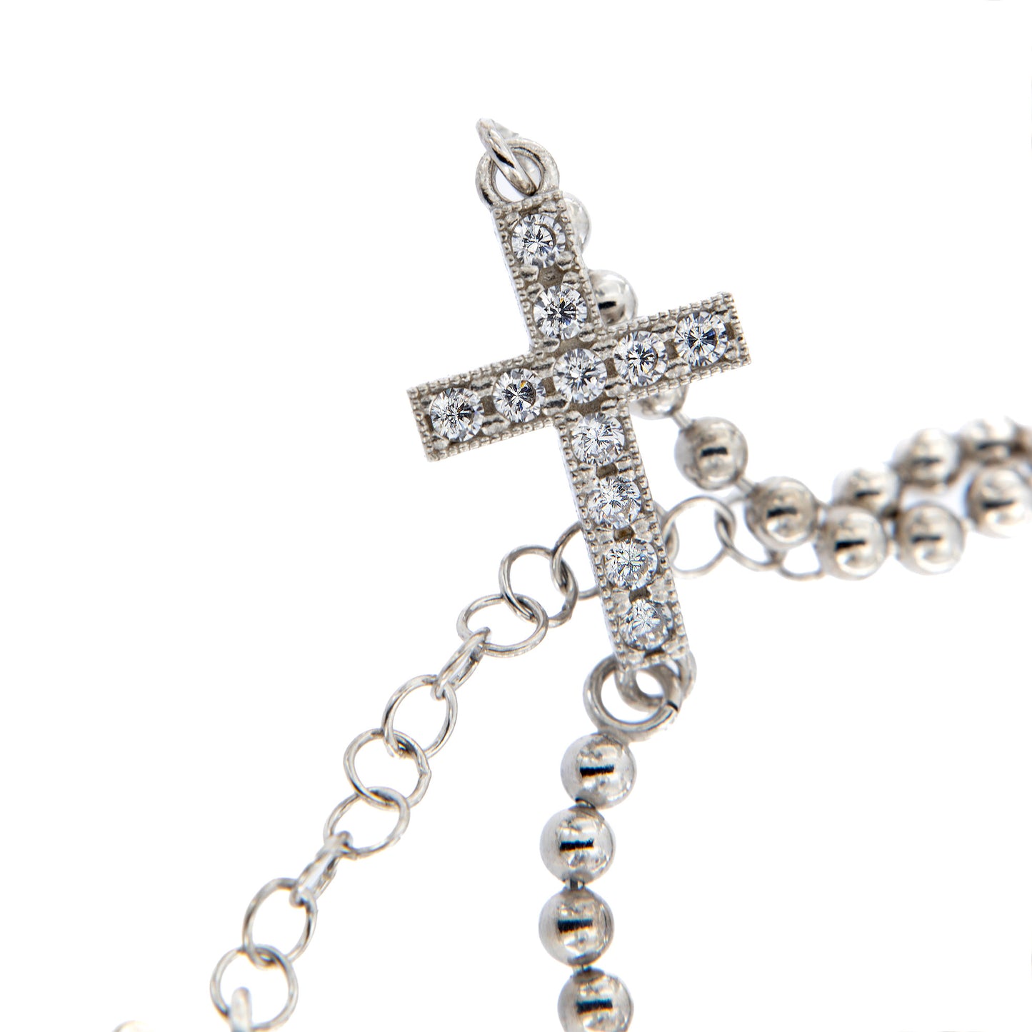 Bracciale mini sfere e Croce con zirconi in argento 925 rodiato. Lunghezza  17+3 cm.