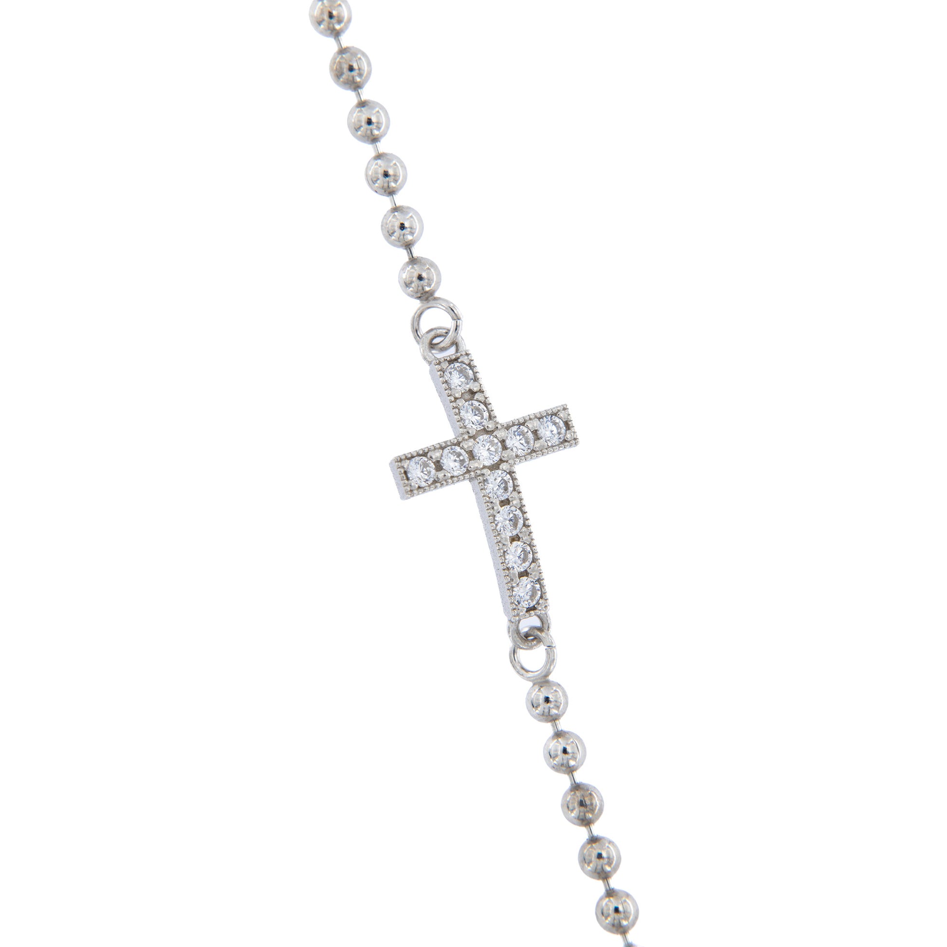 Bracciale mini sfere e Croce con zirconi in argento 925 rodiato. Lunghezza  17+3 cm.