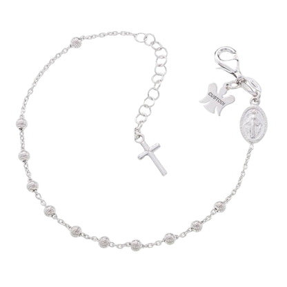 Bracciale decina acini tondi lavorati in argento 925 rodiato. Lunghezza 17+3 cm.