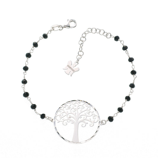 Bracciale "Albero della Vita" con cristalli neri  in argento 925 rodiato. Lunghezza 17+3 cm