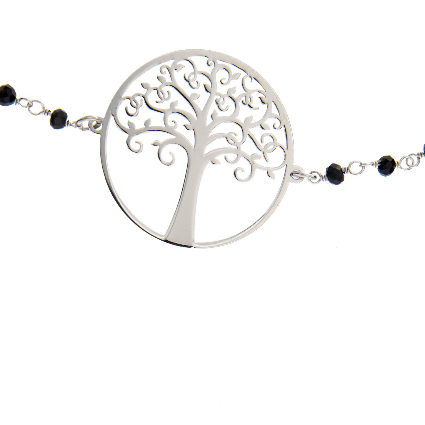 Bracciale "Albero della Vita" con cristalli neri  in argento 925 rodiato. Lunghezza 17+3 cm