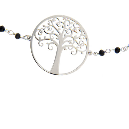 Bracciale "Albero della Vita" con cristalli neri  in argento 925 rodiato. Lunghezza 17+3 cm