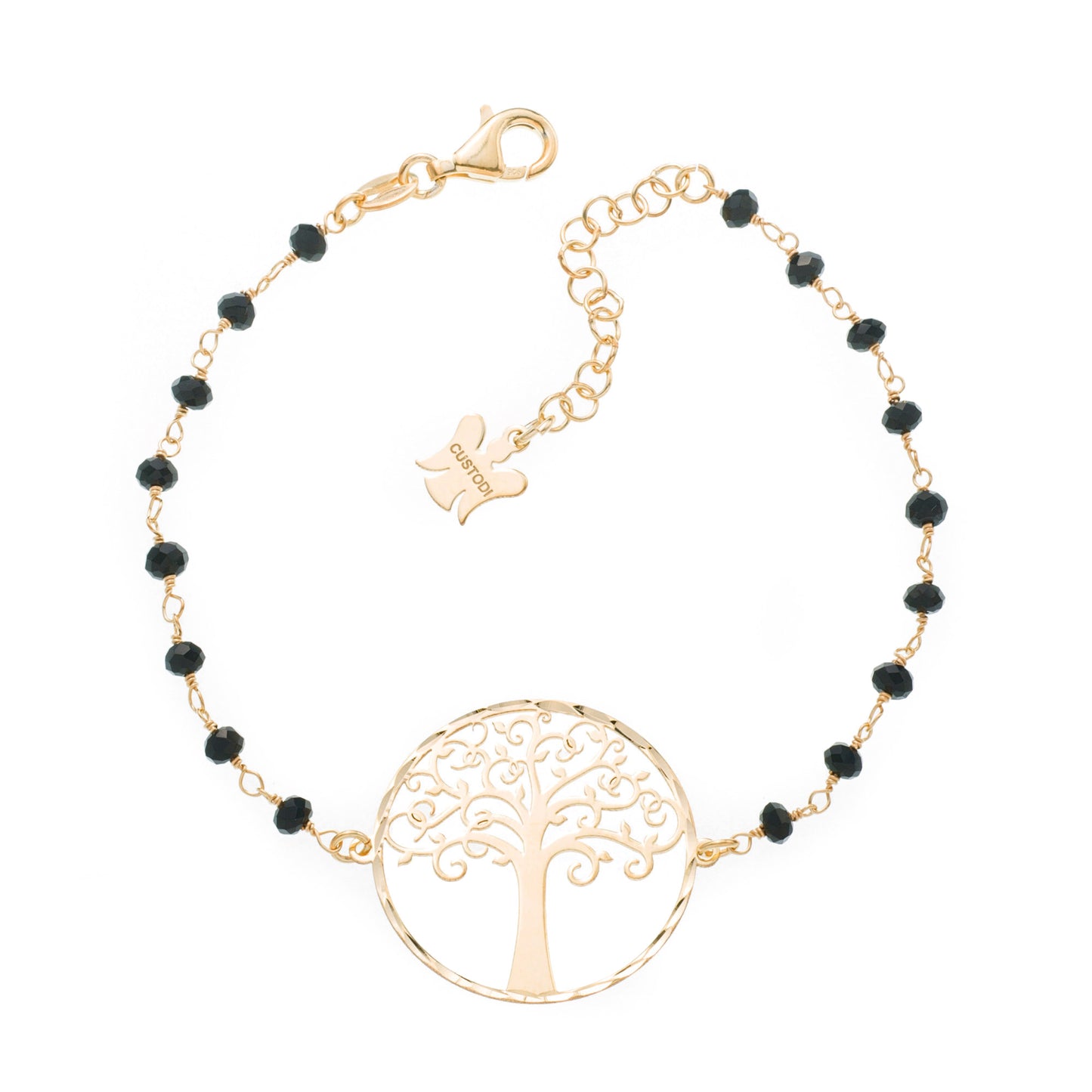 Bracciale "Albero della Vita" con cristalli neri  in argento 925 rodiato. Lunghezza 17+3 cm