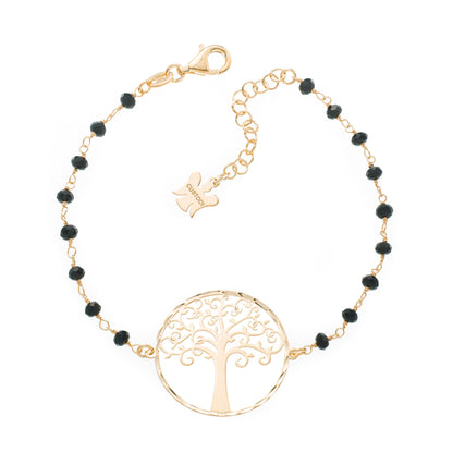 Bracciale "Albero della Vita" con cristalli neri  in argento 925 rodiato. Lunghezza 17+3 cm