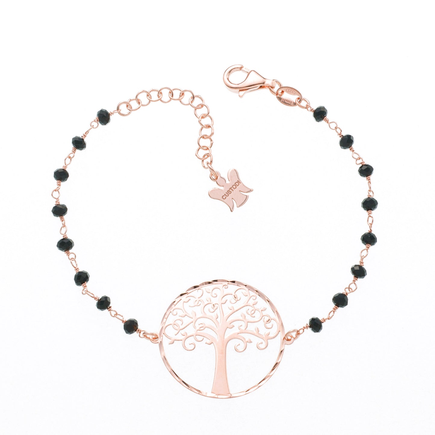 Bracciale "Albero della Vita" con cristalli neri  in argento 925 rodiato. Lunghezza 17+3 cm