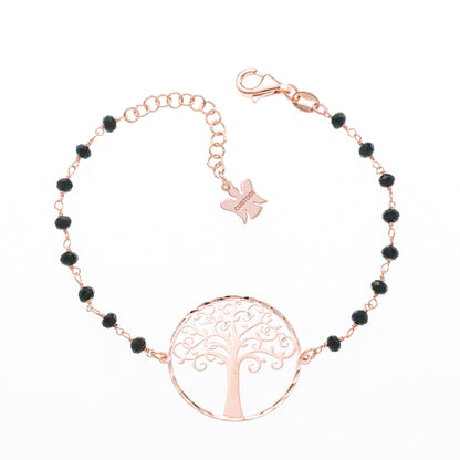 Bracciale "Albero della Vita" con cristalli neri  in argento 925 rodiato. Lunghezza 17+3 cm