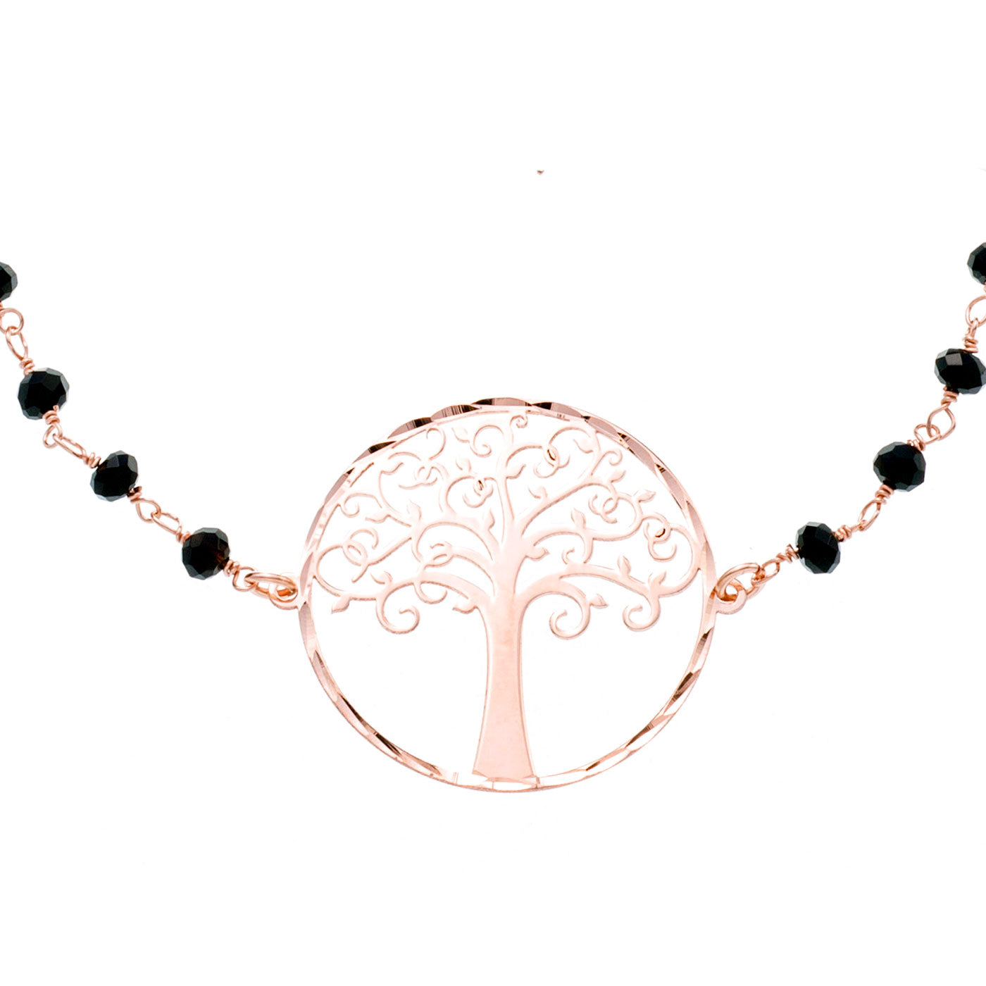 Bracciale "Albero della Vita" con cristalli neri  in argento 925 rodiato. Lunghezza 17+3 cm