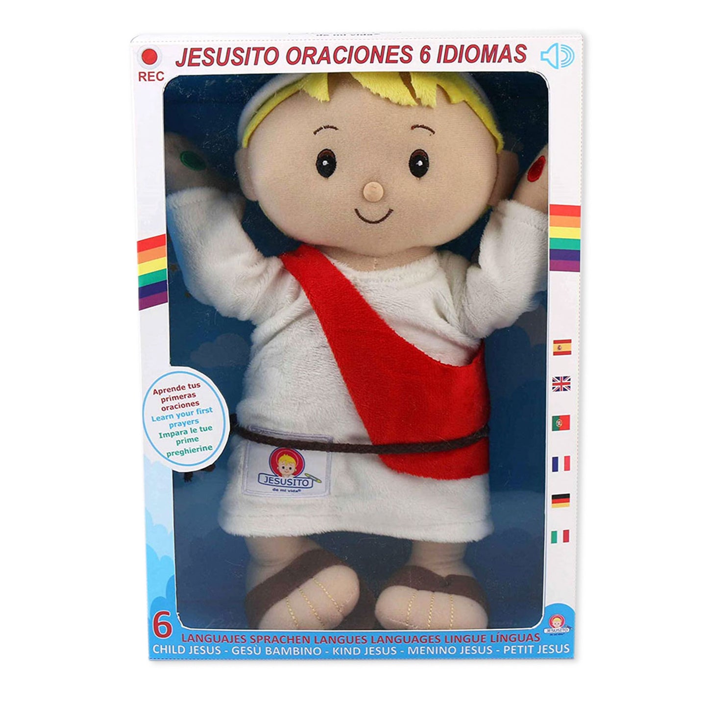 Peluche Gesù Bambino con funzione di registrazione e recita preghiere. Altezza 30 cm