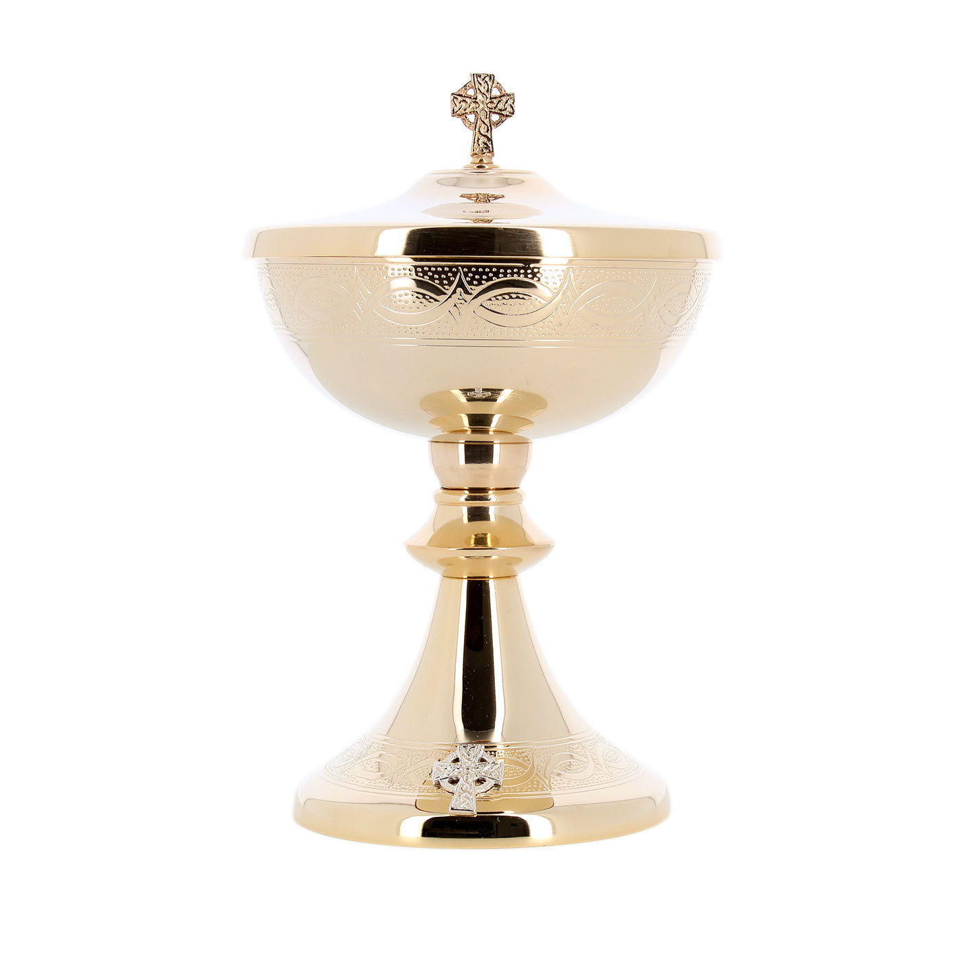 Pisside in ottone bagnato oro. Dimensioni 14,5x28,5 cm