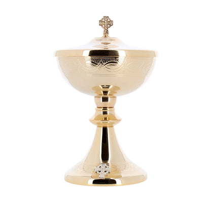 Pisside in ottone bagnato oro. Dimensioni 14,5x28,5 cm