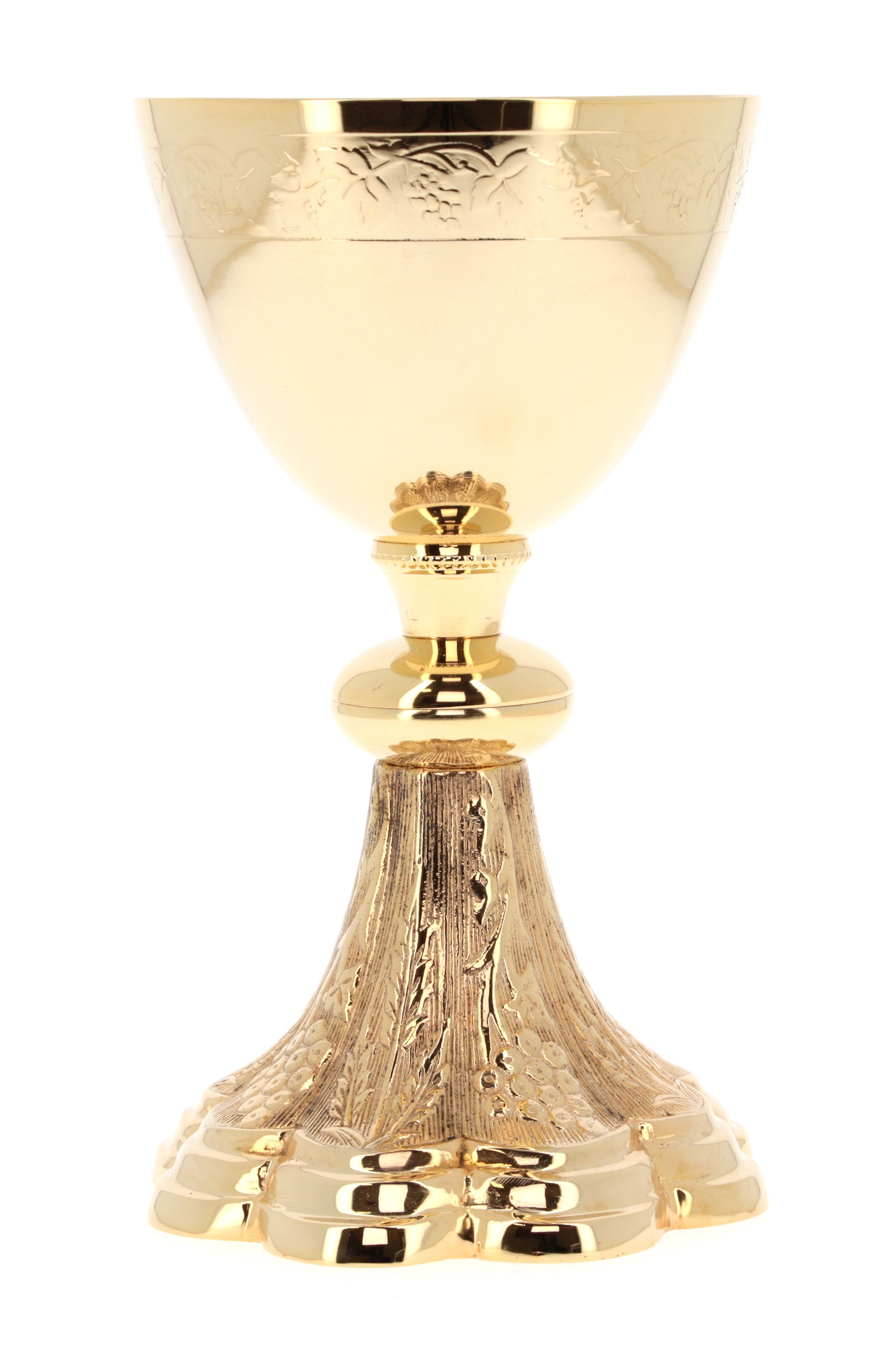 Calice e Patena in ottone con bagno oro e decorazioni. Dimensioni 21,5x14