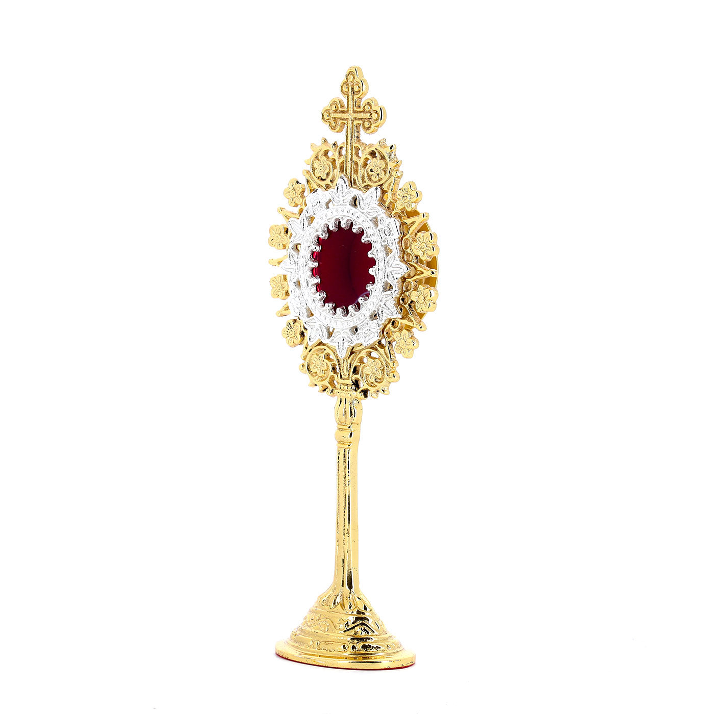 Reliquiario in ottone e bagno oro. Dimensioni 7x19,5 cm