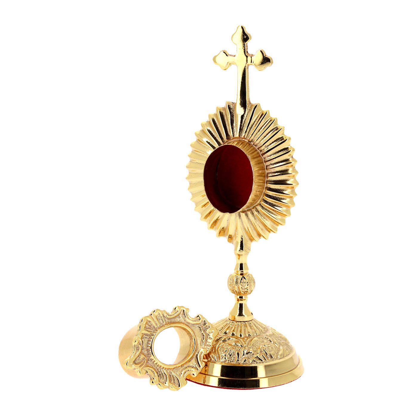 Reliquiario ovale in ottone e bagno oro. Dimensioni 7,3x22 cm