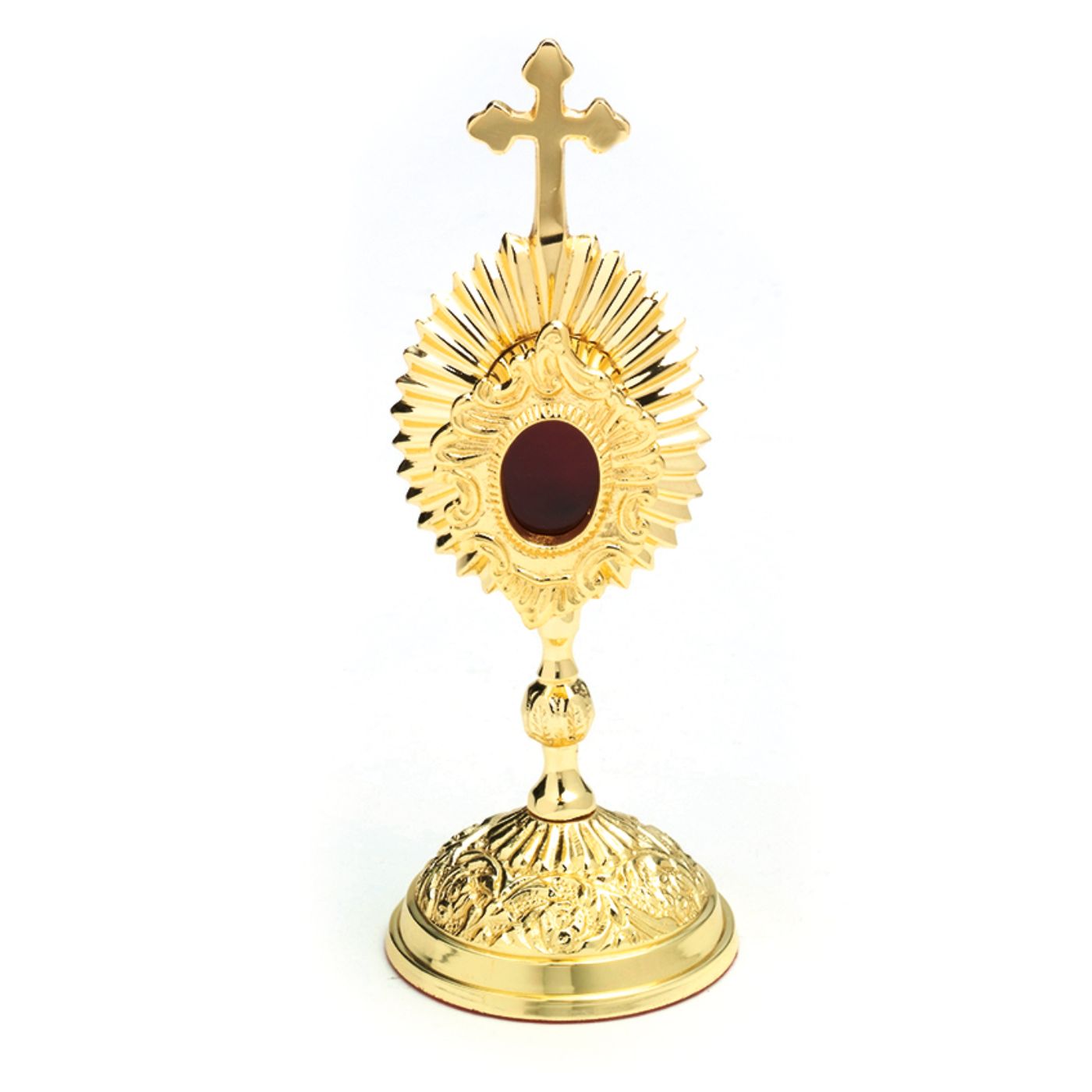 Reliquiario ovale in ottone e bagno oro. Dimensioni 7,3x22 cm