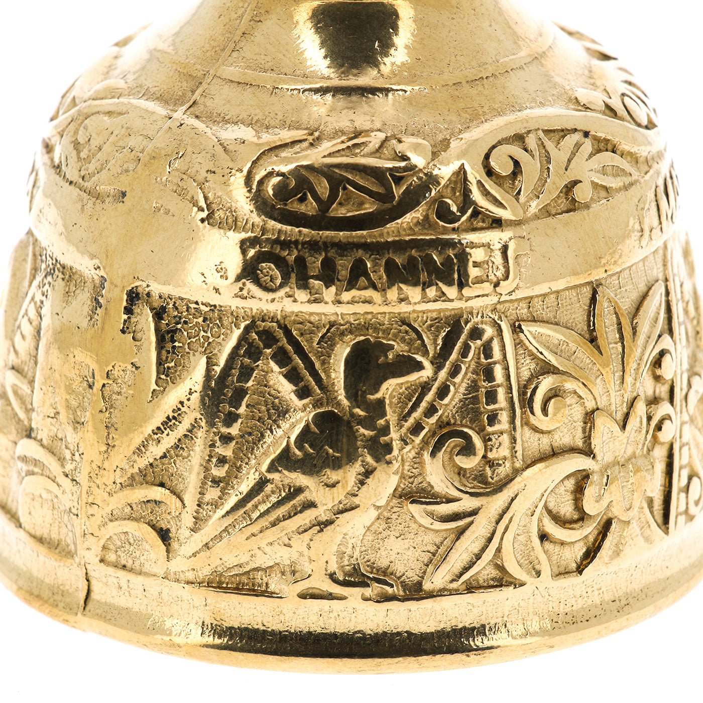 Campanella dorata con raffigurazione dei quattro Evangelisti. Dimensioni 4x12,5 cm