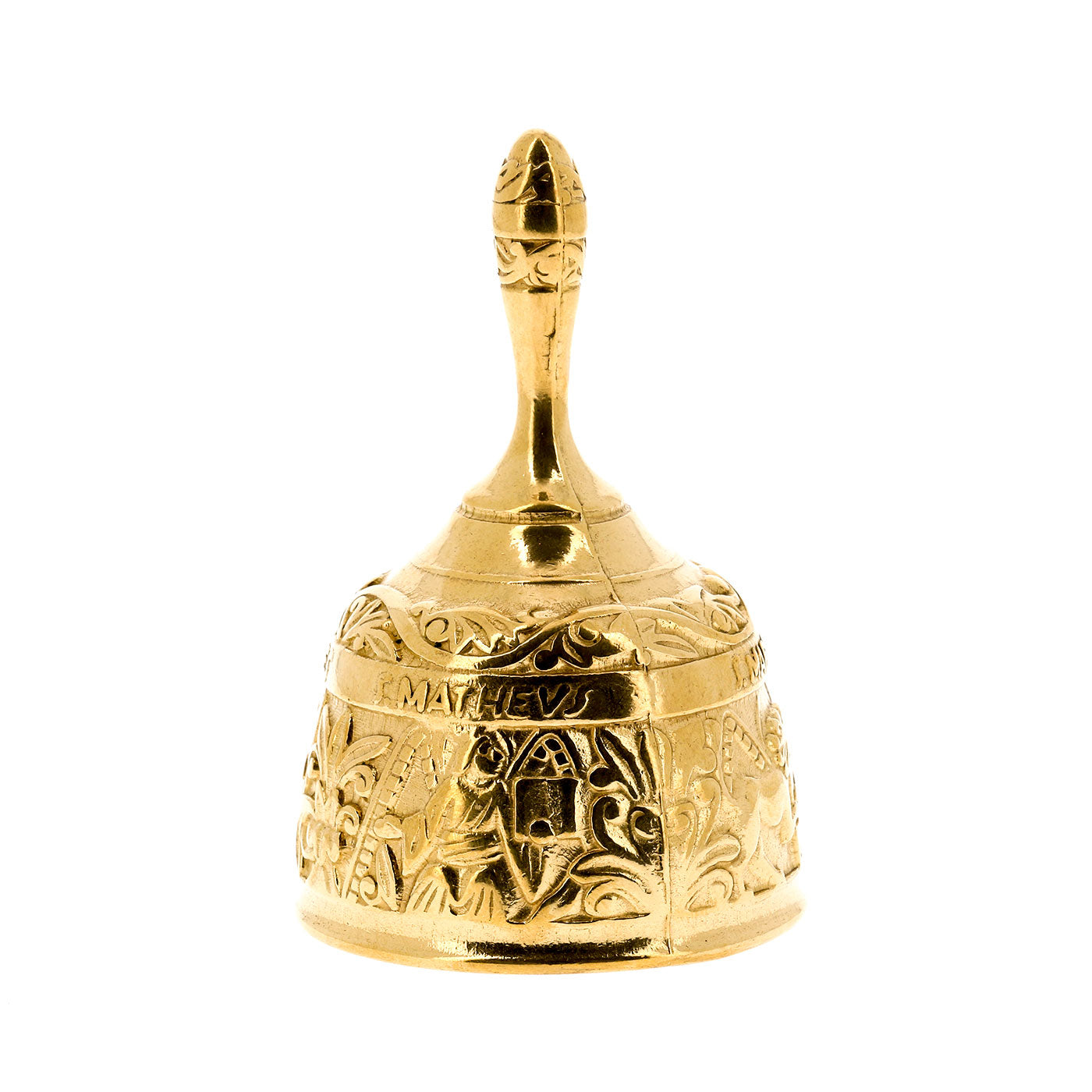 Campanella dorata con raffigurazione dei quattro Evangelisti. Dimensioni 4x12,5 cm