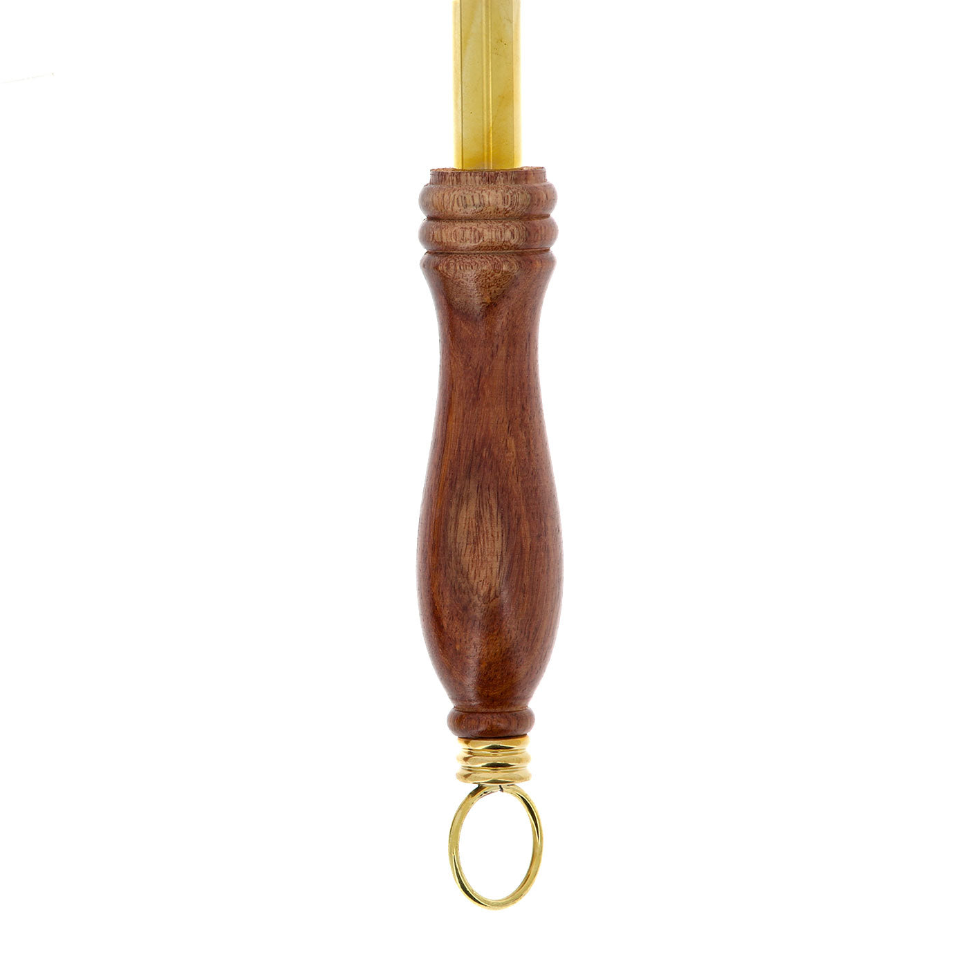 Aspersorio in ottone con manico in legno. Dimensioni 29x2,5 cm