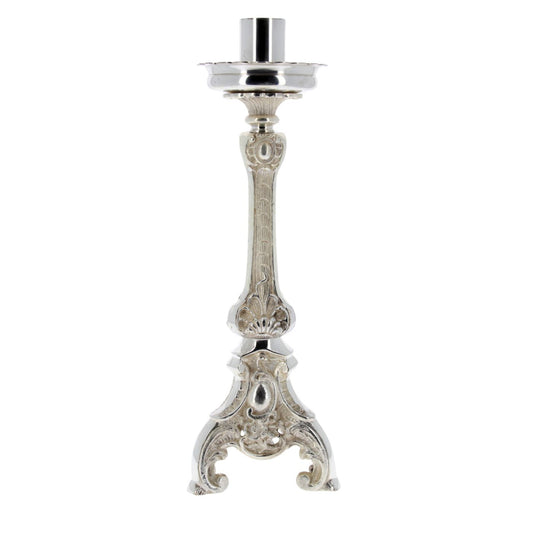 Portacandela da altare in ottone argentato. Altezza 39 cm