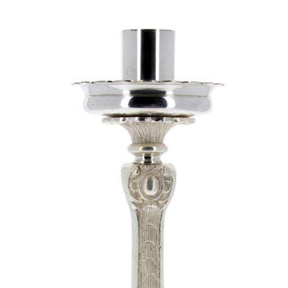 Portacandela da altare in ottone argentato. Altezza 39 cm