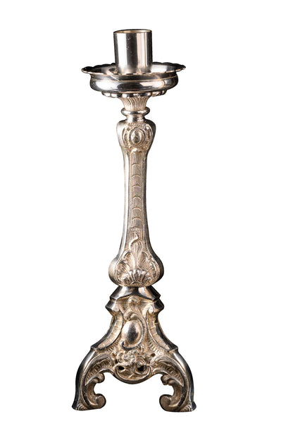 Portacandela da altare in ottone argentato. Altezza 39 cm