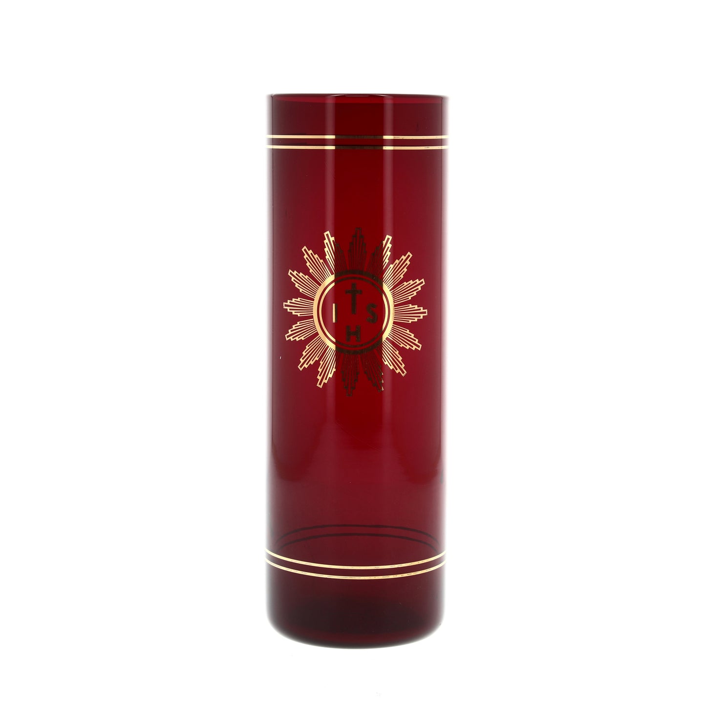 Bicchiere in vetro "Rosso Rubino" per cero liturgico. Dimensioni 7,5x22 cm