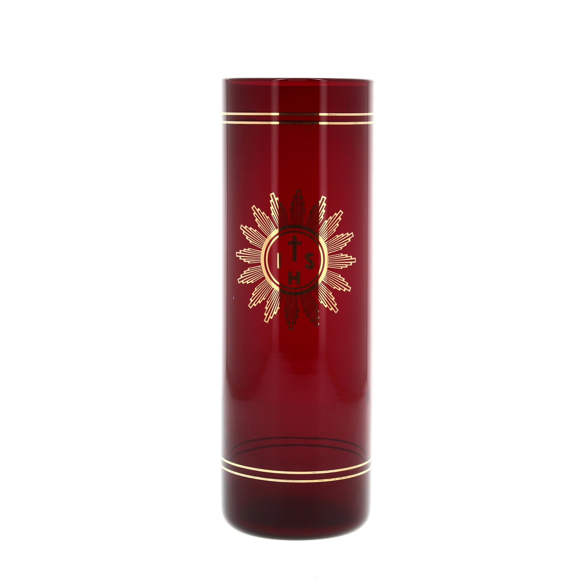 Bicchiere in vetro "Rosso Rubino" per cero liturgico. Dimensioni 7,5x22 cm