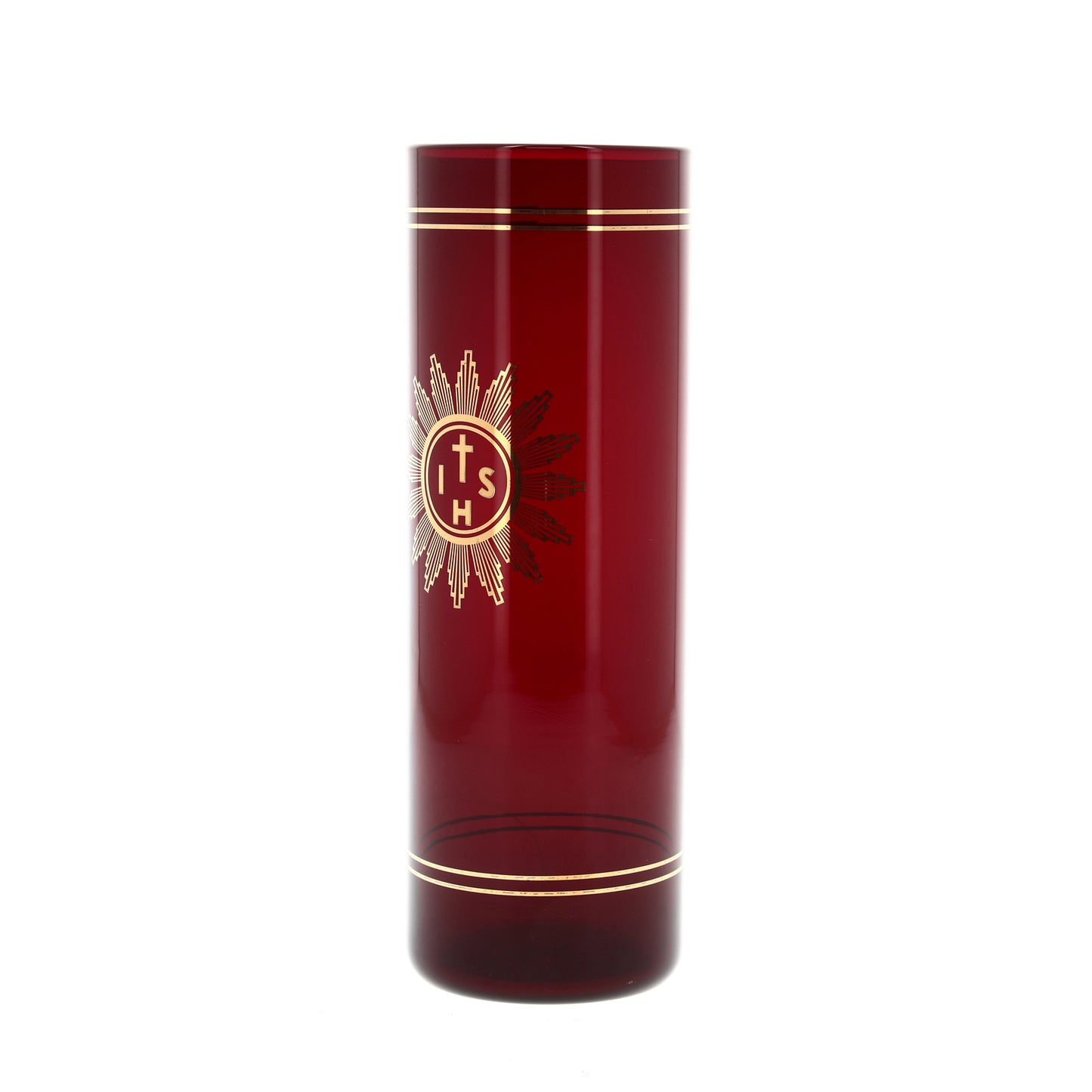 Bicchiere in vetro "Rosso Rubino" per cero liturgico. Dimensioni 7,5x22 cm
