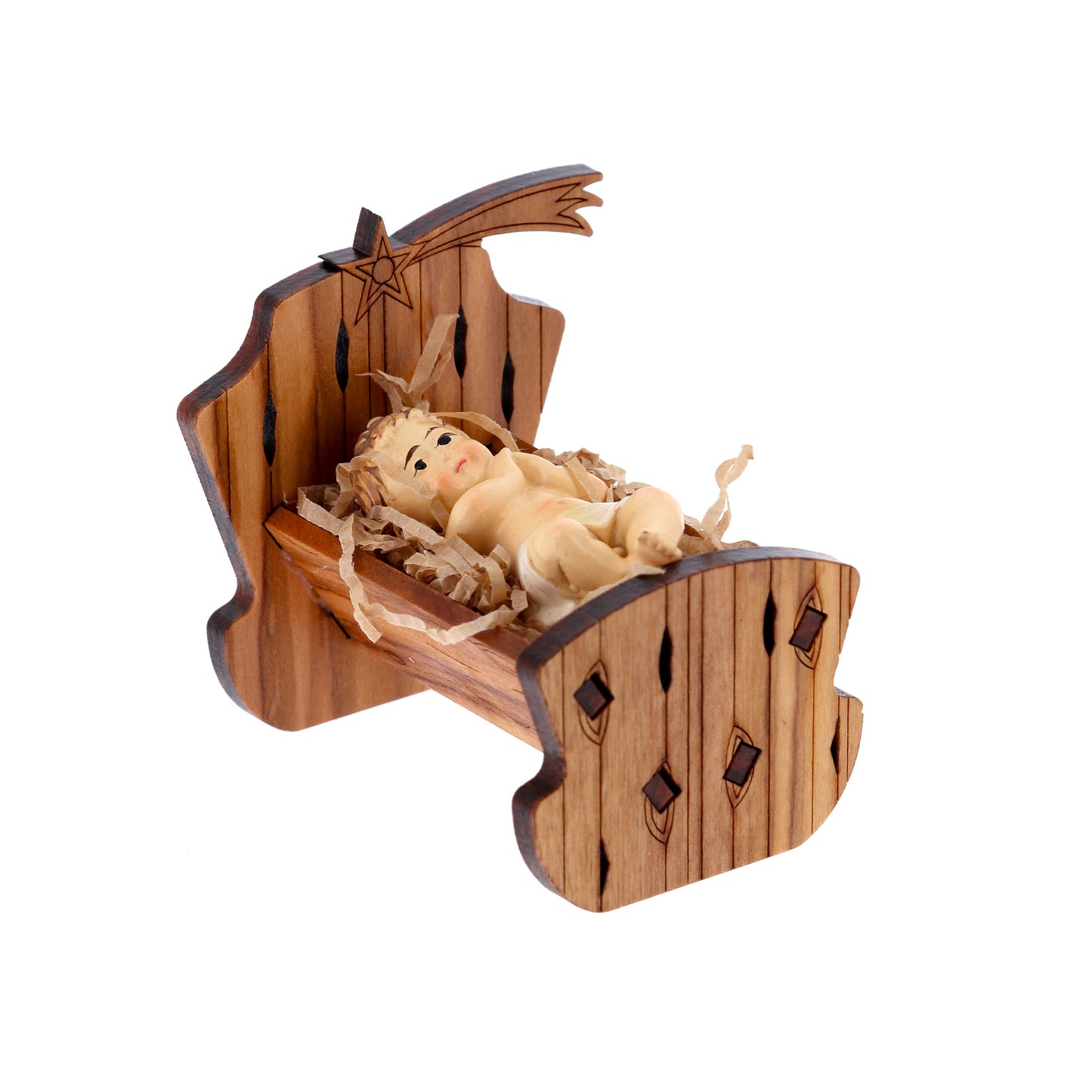 Culla in legno d'olivo con Gesù Bambino. Dimensioni 5,5x6 cm