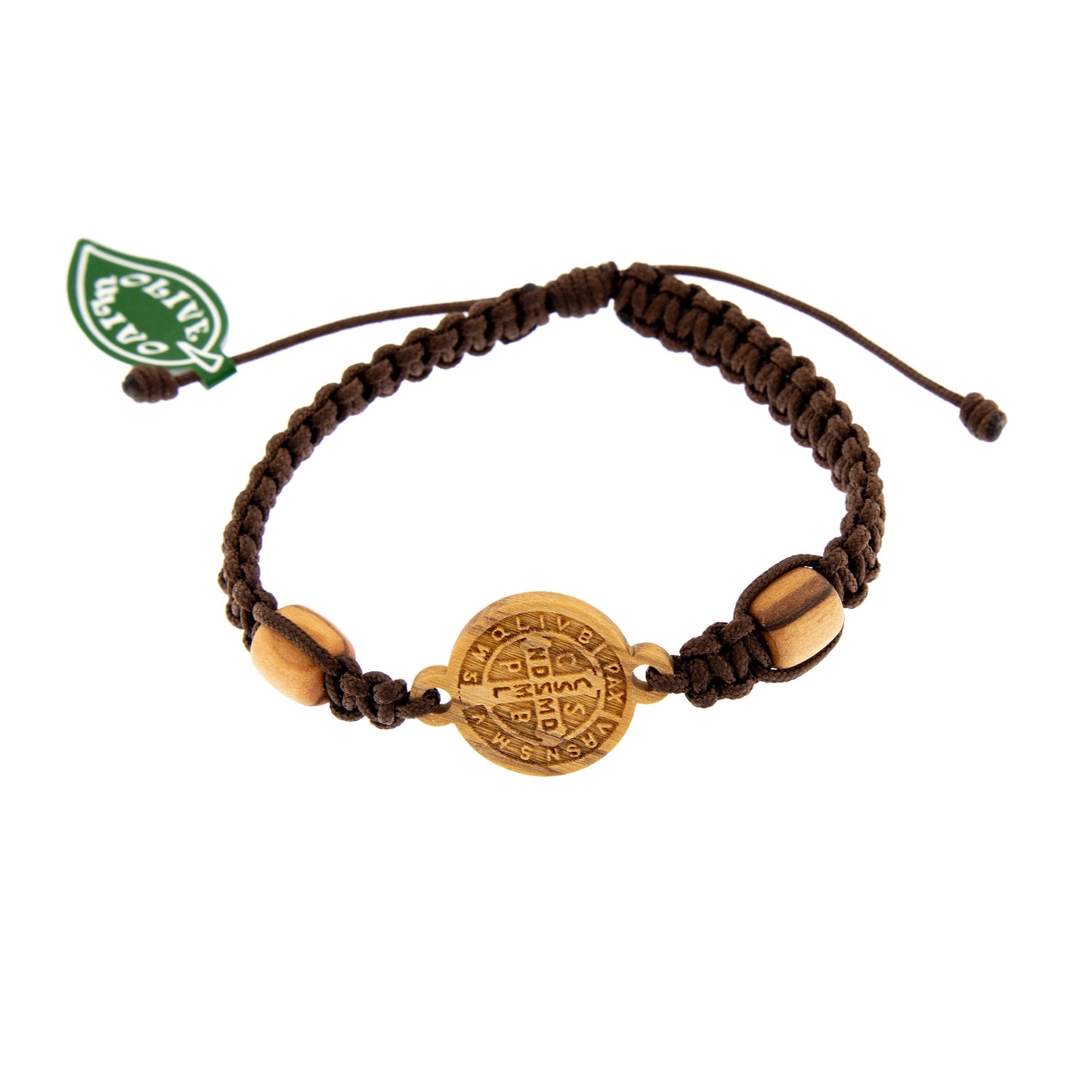 Bracciale in corda con medaglia San Benedetto in legno d'ulivo.