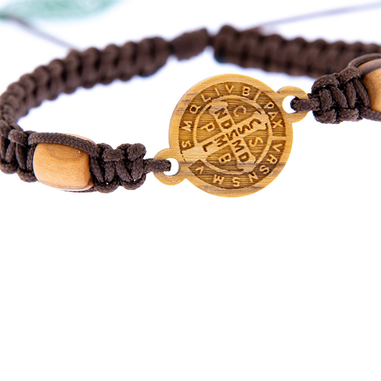 Bracciale in corda con medaglia San Benedetto in legno d'ulivo.