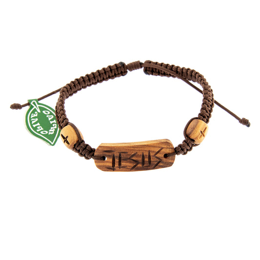Bracciale in corda e placca in legno d'ulivo con incisa scritta Jesus