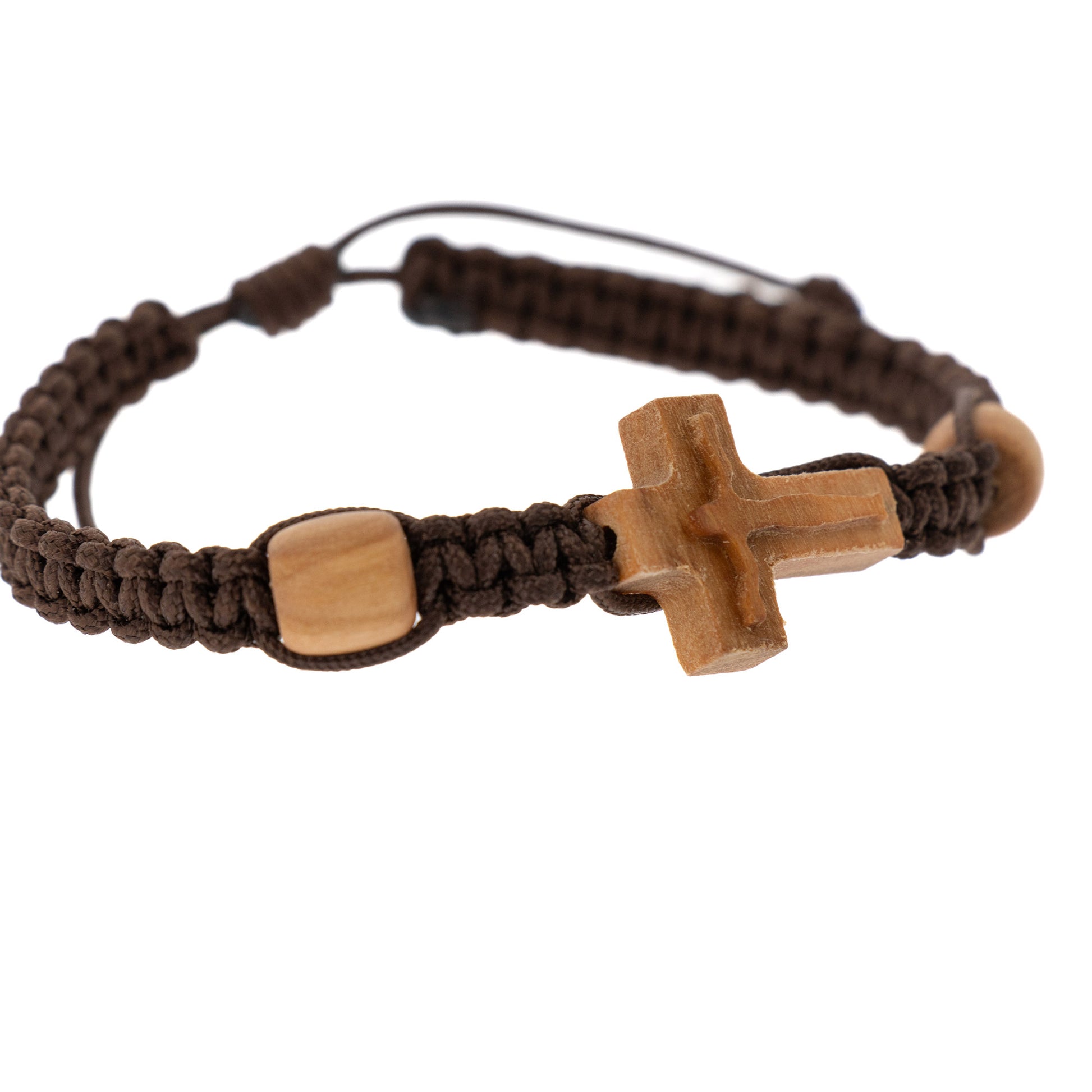Bracciale in corda con Croce in legno d'ulivo e corpo in rilievo