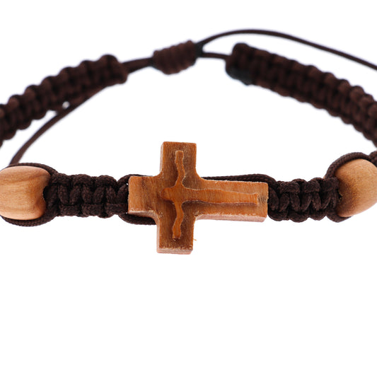 Bracciale in corda con Croce in legno d'ulivo e corpo in rilievo