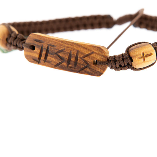 Bracciale in corda e placca in legno d'ulivo con incisa scritta Jesus