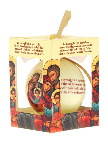 Pallina natalizia con Icona Sacra Famiglia e preghiera. Diametro 7,5 cm