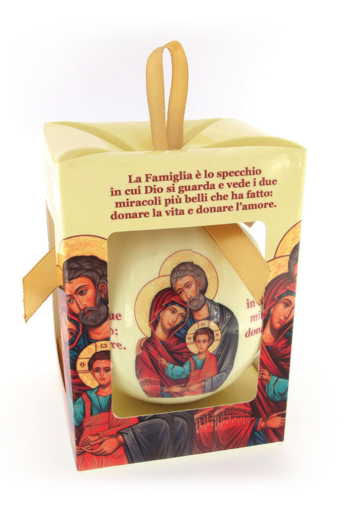 Pallina natalizia con Icona Sacra Famiglia e preghiera. Diametro 7,5 cm