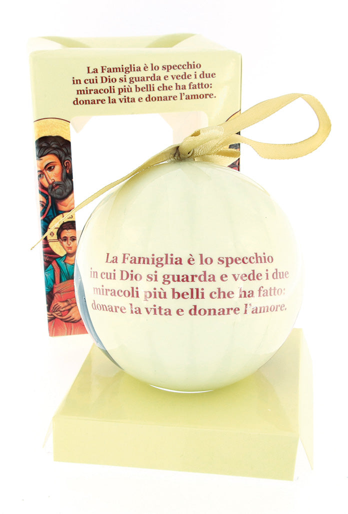 Pallina natalizia con Icona Sacra Famiglia e preghiera. Diametro 7,5 cm