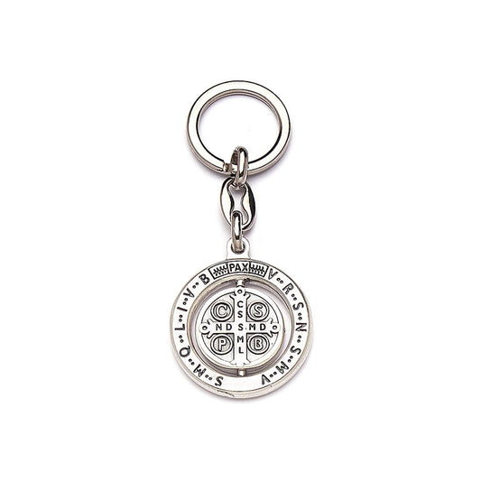 Portachiavi girevole Medaglia San Benedetto in metallo diametro 4 cm, altezza 9 cm