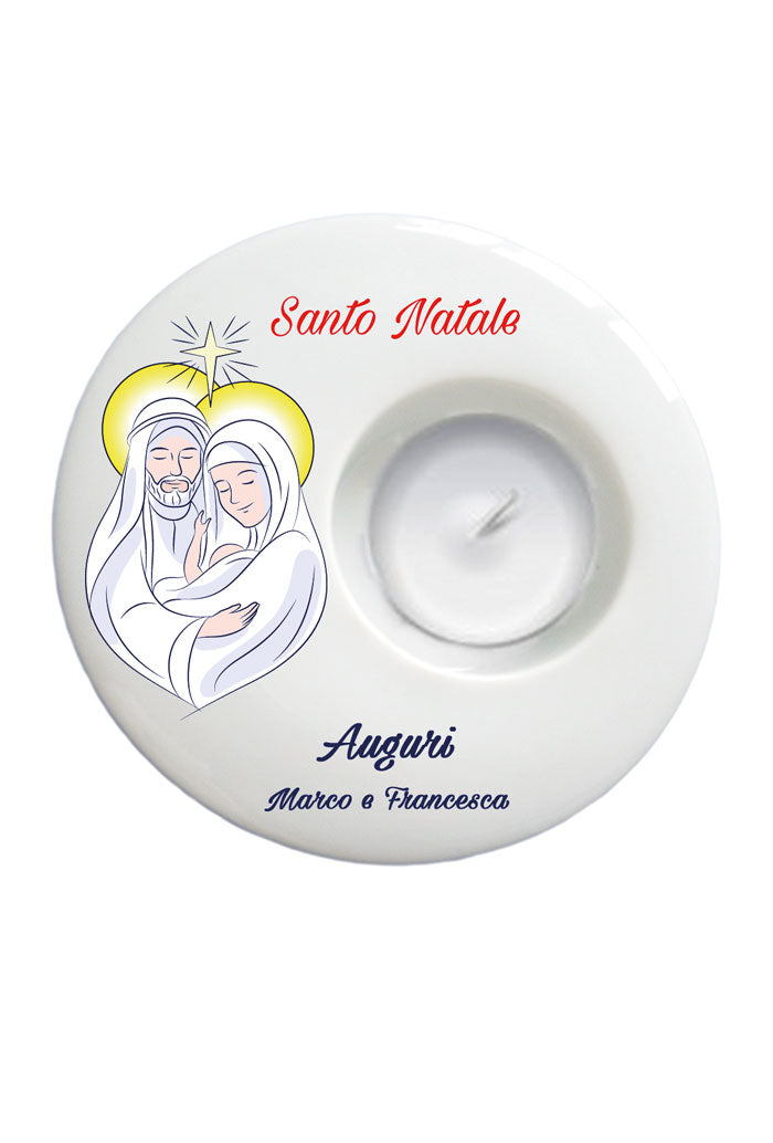 Portacandela tondo in porcellana bianca da personalizzare. Diametro 9 cm
