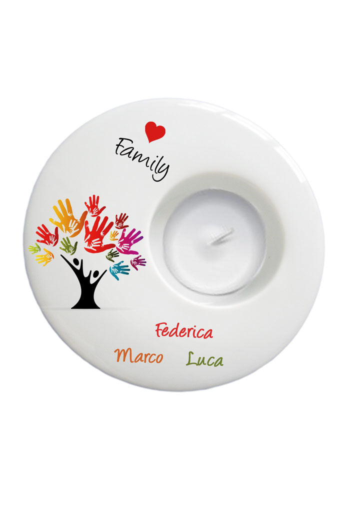 Portacandela tondo in porcellana bianca da personalizzare. Diametro 9 cm