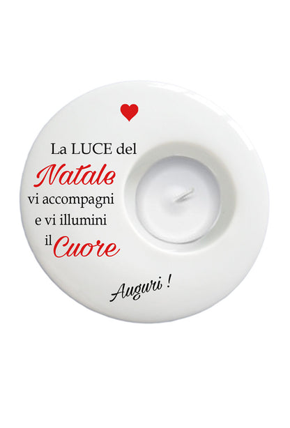 Portacandela tondo in porcellana bianca da personalizzare. Diametro 9 cm
