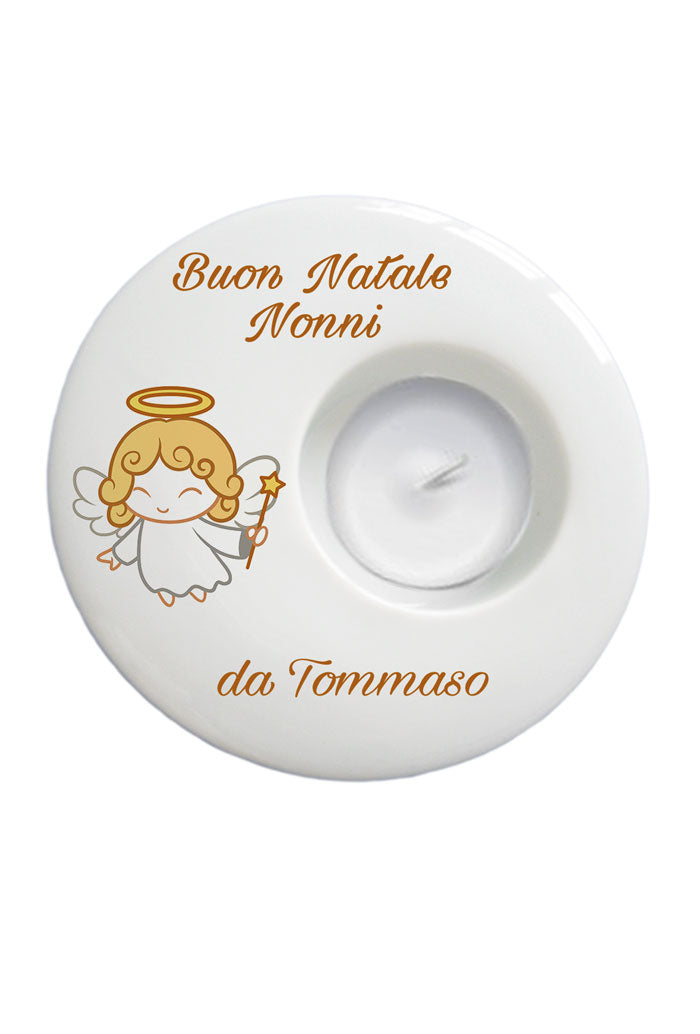 Portacandela tondo in porcellana bianca da personalizzare. Diametro 9 cm